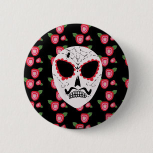 Halloween Sugar Skull Dias De Los Muertos Roses Button