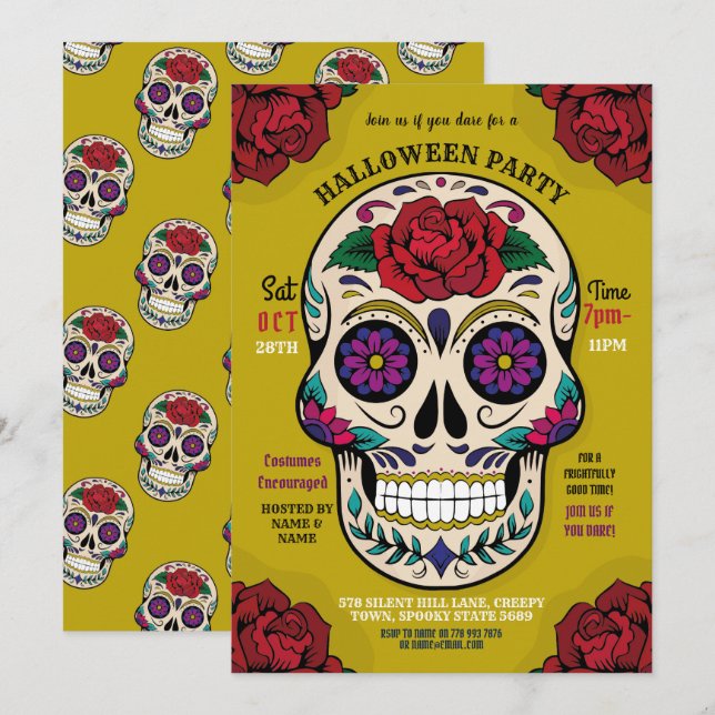 Halloween Sugar Skull Gothic Party Roses Horror Invitation (Front/Back)