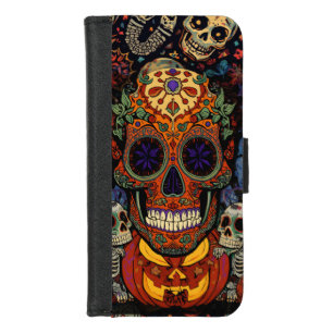 Halloween,Sugar Skull Pumpkins Fiesta, Calavera iPhone 8/7 Wallet Case