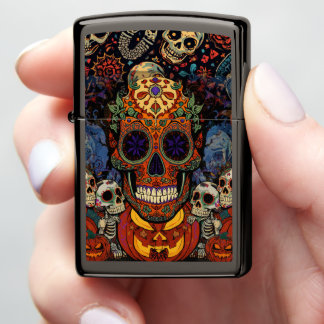 Halloween, Sugar Skull Pumpkins Fiesta Calavera Zippo Lighter