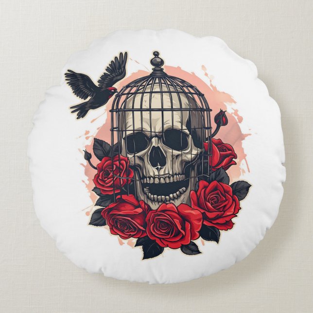 Halloween Sugar Skull Round Pillow (Front)