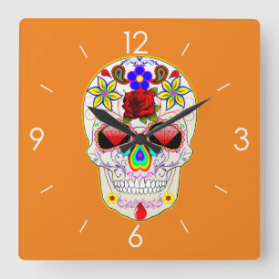 Halloween Sugar Skull - Tattoo Art Square Wall Clock