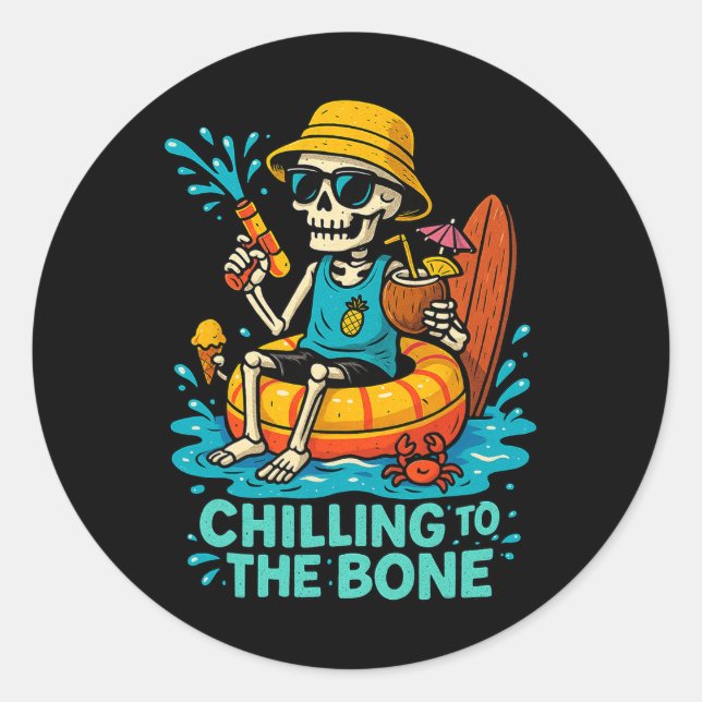 Halloween Summer Chilling To The Bone Skeleton Flo Classic Round Sticker (Front)