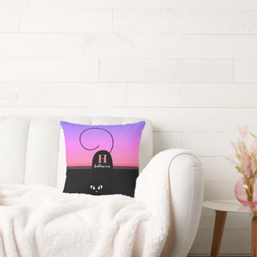 Halloween Sunset Black Cat Monogram Throw Pillow