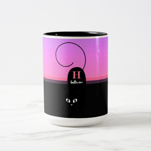 Halloween Sunset Black Cat Monogram Two_Tone Coffee Mug