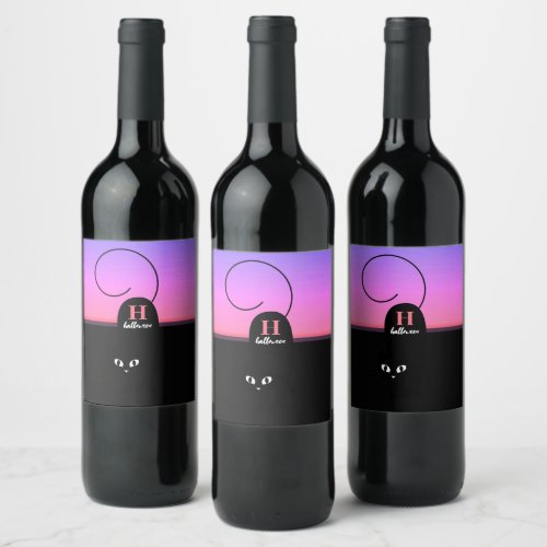 Halloween Sunset Black Cat Monogram Wine Label