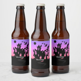 Halloween Sunset Night Witch and Bats Hunted House Beer Bottle Label