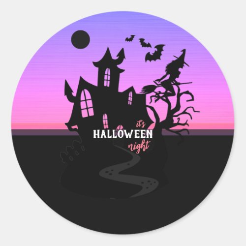 Halloween Sunset Night Witch and Bats Hunted House Classic Round Sticker