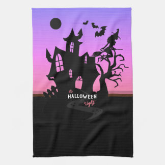 Halloween Sunset Night Witch and Bats Hunted House Kitchen Towel