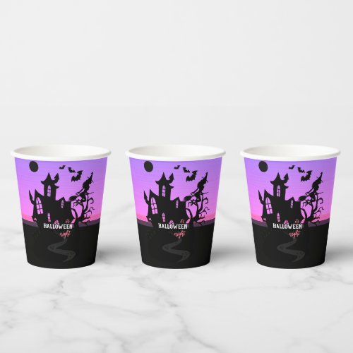 Halloween Sunset Night Witch and Bats Hunted House Paper Cups