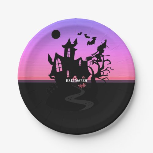 Halloween Sunset Night Witch and Bats Hunted House Paper Plates