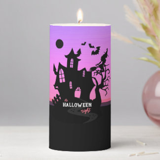 Halloween Sunset Night Witch and Bats Hunted House Pillar Candle