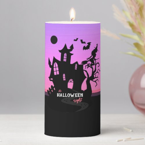 Halloween Sunset Night Witch and Bats Hunted House Pillar Candle