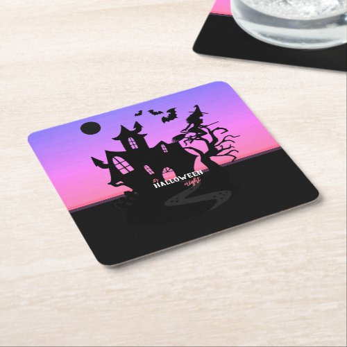Halloween Sunset Night Witch and Bats Hunted House Square Paper Coaster