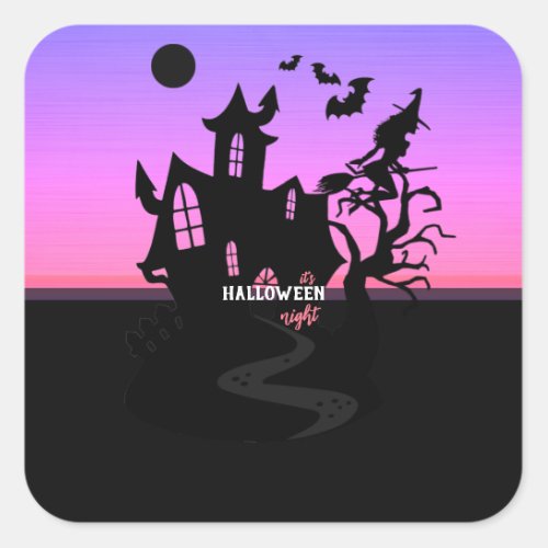 Halloween Sunset Night Witch and Bats Hunted House Square Sticker