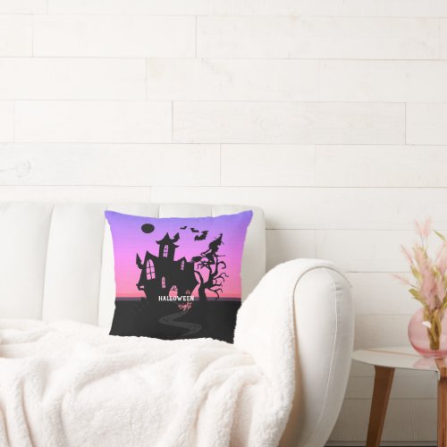 Halloween Sunset Night Witch and Bats Hunted House Throw Pillow