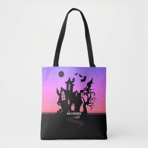 Halloween Sunset Night Witch and Bats Hunted House Tote Bag