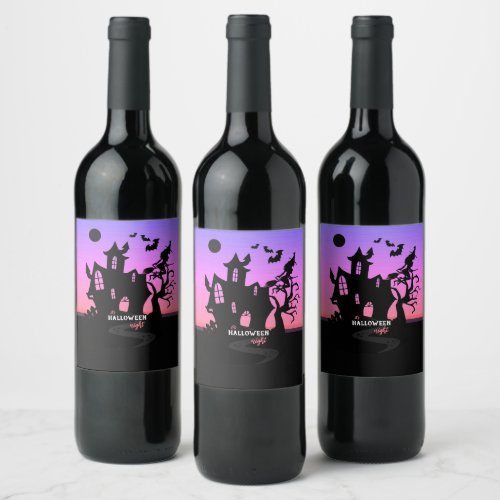 Halloween Sunset Night Witch and Bats Hunted House Wine Label