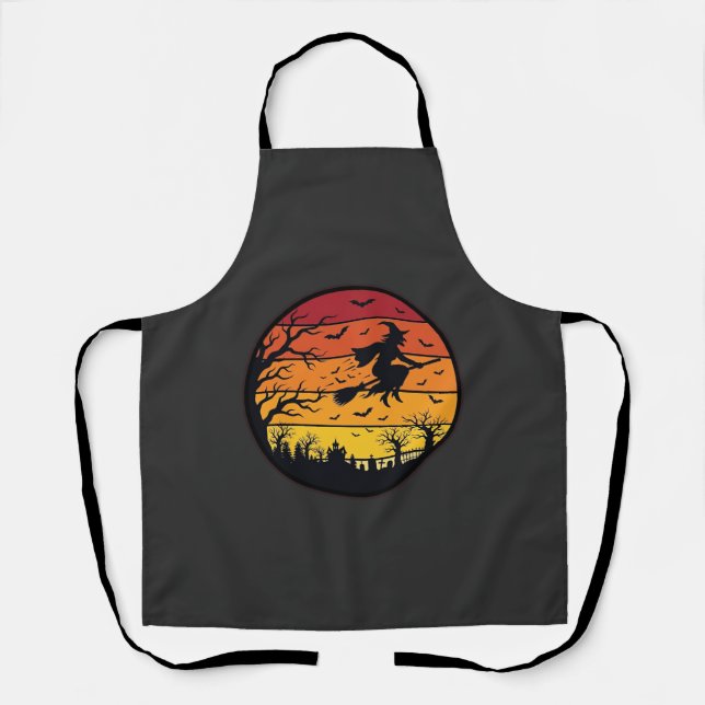 Halloween Sunset Witch Silhouette Retro Circle Des Apron (Front)