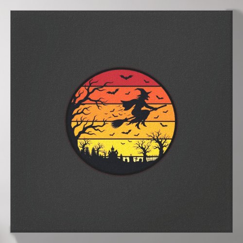 Halloween Sunset Witch Silhouette Retro Circle Des Canvas Photo Tile