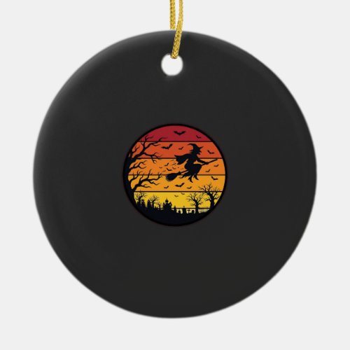 Halloween Sunset Witch Silhouette Retro Circle Des Ceramic Ornament