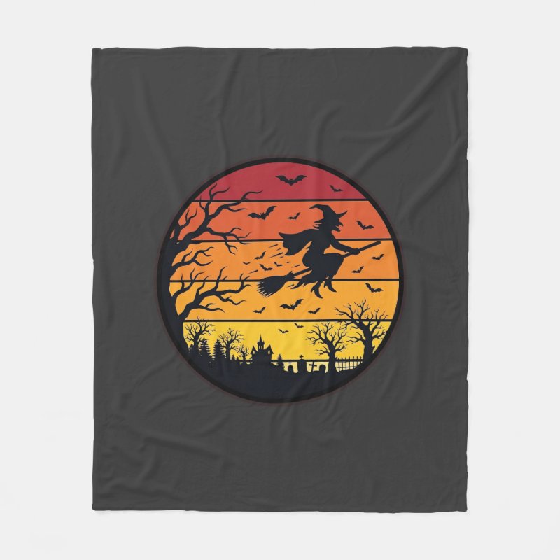 Halloween Sunset Witch Silhouette Retro Circle Des Fleece Blanket