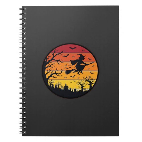 Halloween Sunset Witch Silhouette Retro Circle Des Notebook