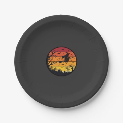 Halloween Sunset Witch Silhouette Retro Circle Des Paper Plates
