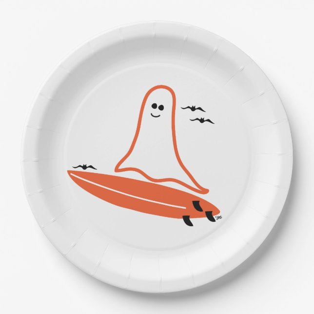 Halloween Surfer Ghost black Paper Plates (Front)