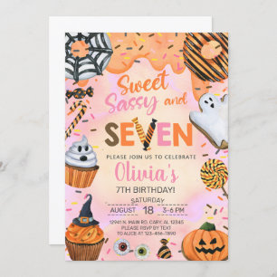 Halloween sweet sassy seven 7th birthday invite. invitation