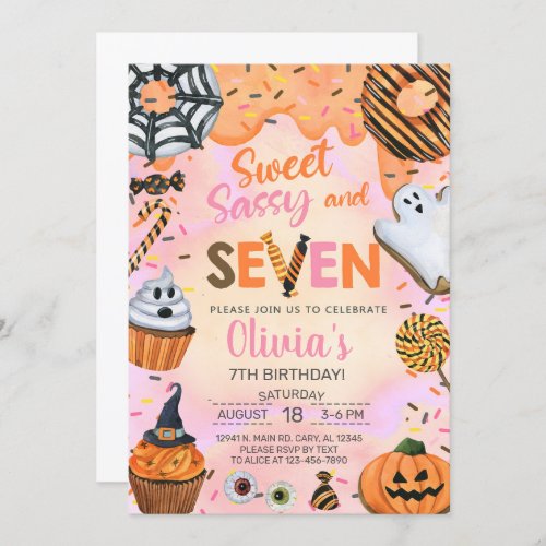 Halloween sweet sassy seven 7th birthday invite invitation