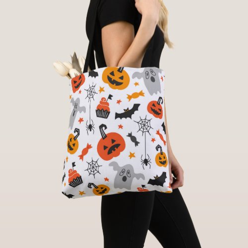 Halloween symbols pattern on white tote bag