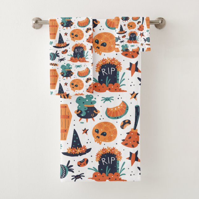 Halloween symbols seamless pattern bath towel set (Insitu)