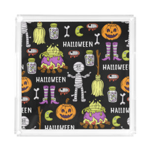 Halloween symbols, vintage seamless theme acrylic tray