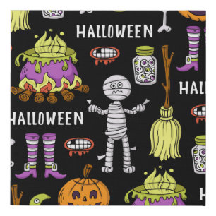 Halloween symbols, vintage seamless theme faux canvas print