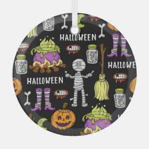 Halloween symbols, vintage seamless theme glass ornament