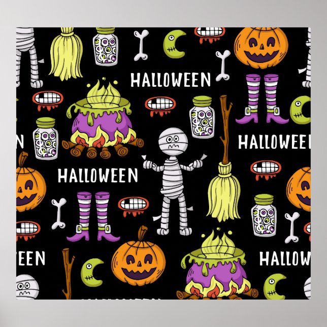 Halloween symbols, vintage seamless theme poster (Front)