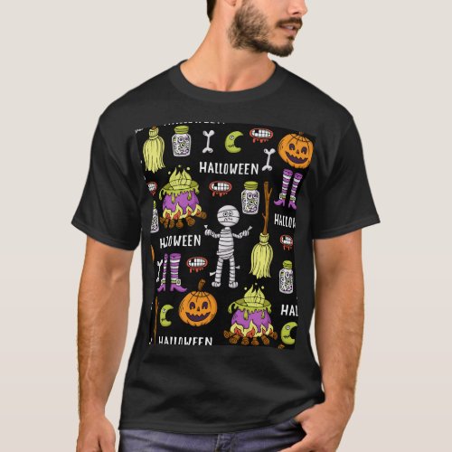 Halloween symbols vintage seamless theme T_Shirt