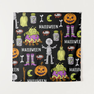 Halloween symbols, vintage seamless theme tapestry