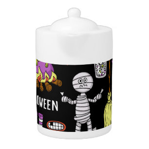 Halloween symbols, vintage seamless theme teapot