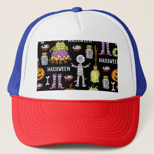 Halloween symbols vintage seamless theme trucker hat