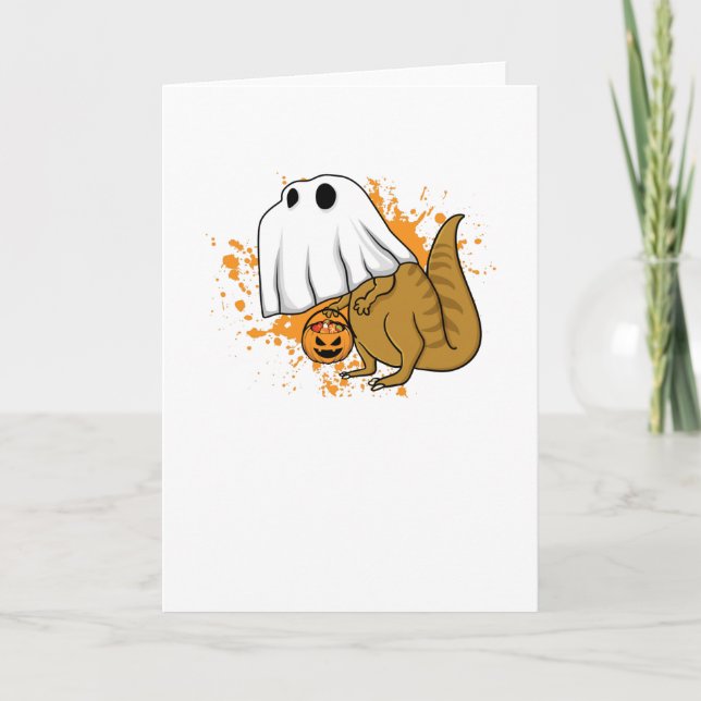 Halloween T Rex Dinosaur Ghost Trick or Treat Card (Front)