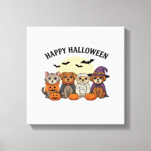 Halloween T-Shirt with Cute Cats and Dogs in Costu Canvas Print