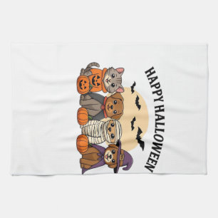 Halloween T-Shirt with Cute Cats and Dogs in Costu Kitchen Towel