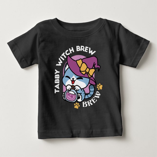 Halloween Tabby Cat – Witch Hat & Potion Art Baby T-Shirt (Front)