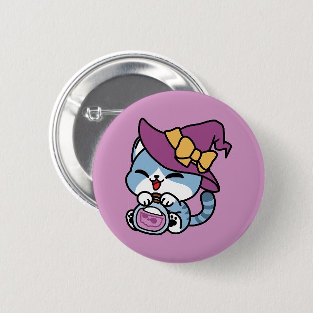 Halloween Tabby Cat – Witch Hat & Potion Art Button (Front & Back)