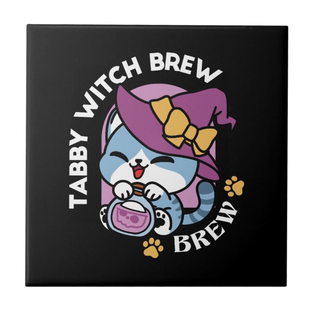 Halloween Tabby Cat – Witch Hat & Potion Art Ceramic Tile (Front)