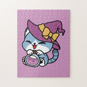 Halloween Tabby Cat – Witch Hat & Potion Art Jigsaw Puzzle