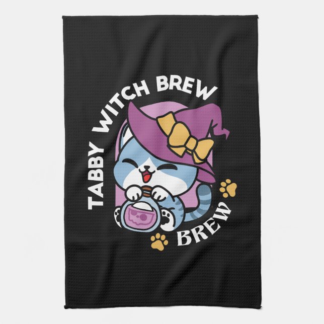 Halloween Tabby Cat – Witch Hat & Potion Art Kitchen Towel (Vertical)