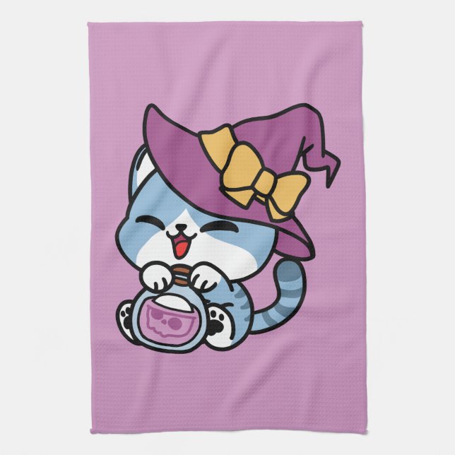 Halloween Tabby Cat – Witch Hat & Potion Art Kitchen Towel (Vertical)
